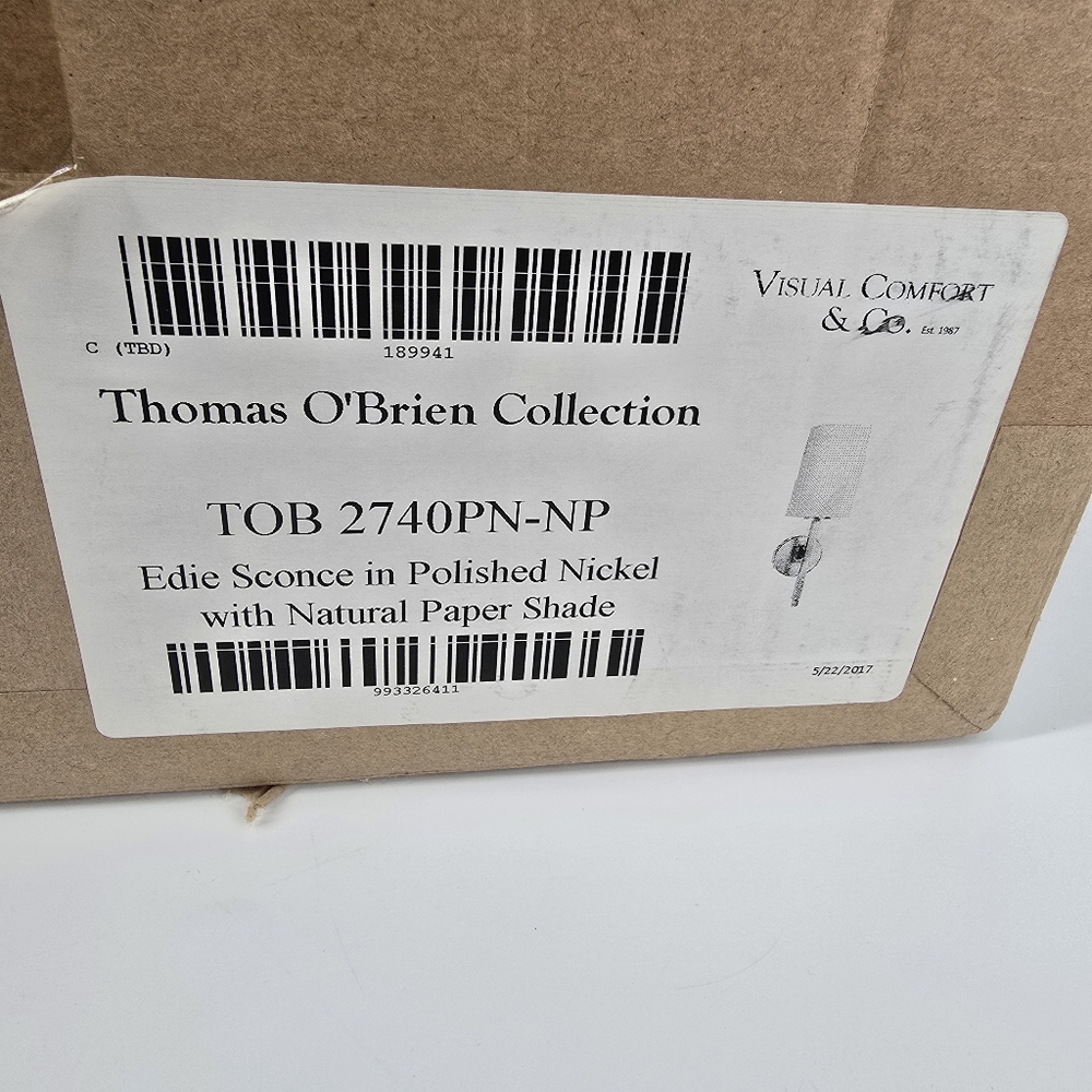 Visual Comfort Edie Sconce Polished Nickel Natural Paper Shade TOB2740 NEW